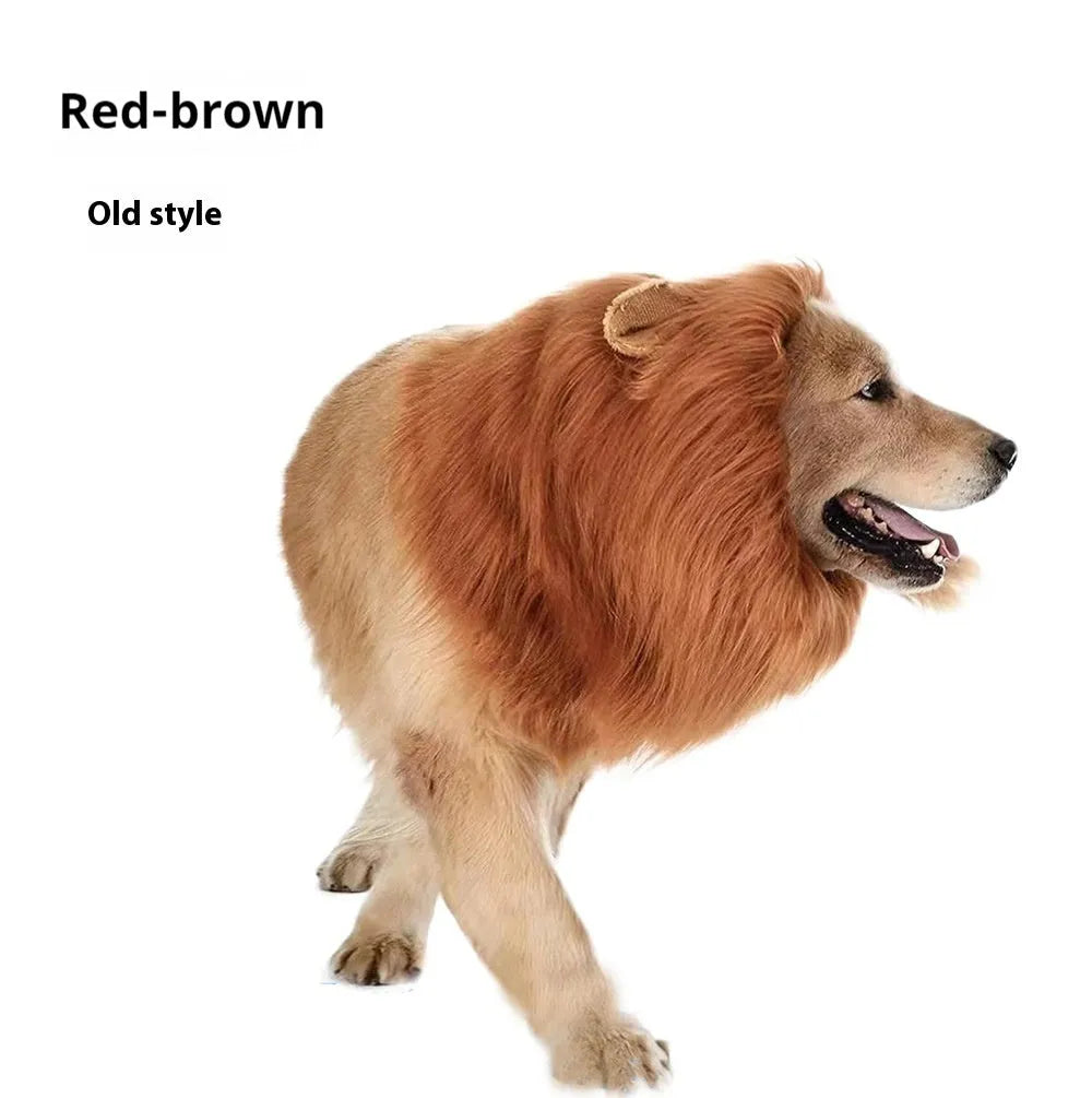 Dog wearing a lion mane headdress costume in light brown with an elastic neckband.