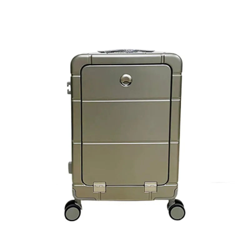 20-inch front opening suitcase in titanium silver colour with universal wheels and a separate compartment.
