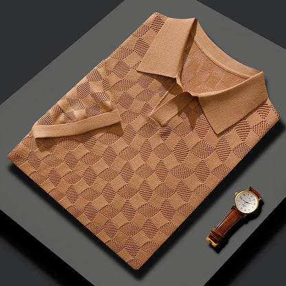 Men's mulberry silk short sleeve lapel sweater in a solid colour for business-casual wear.