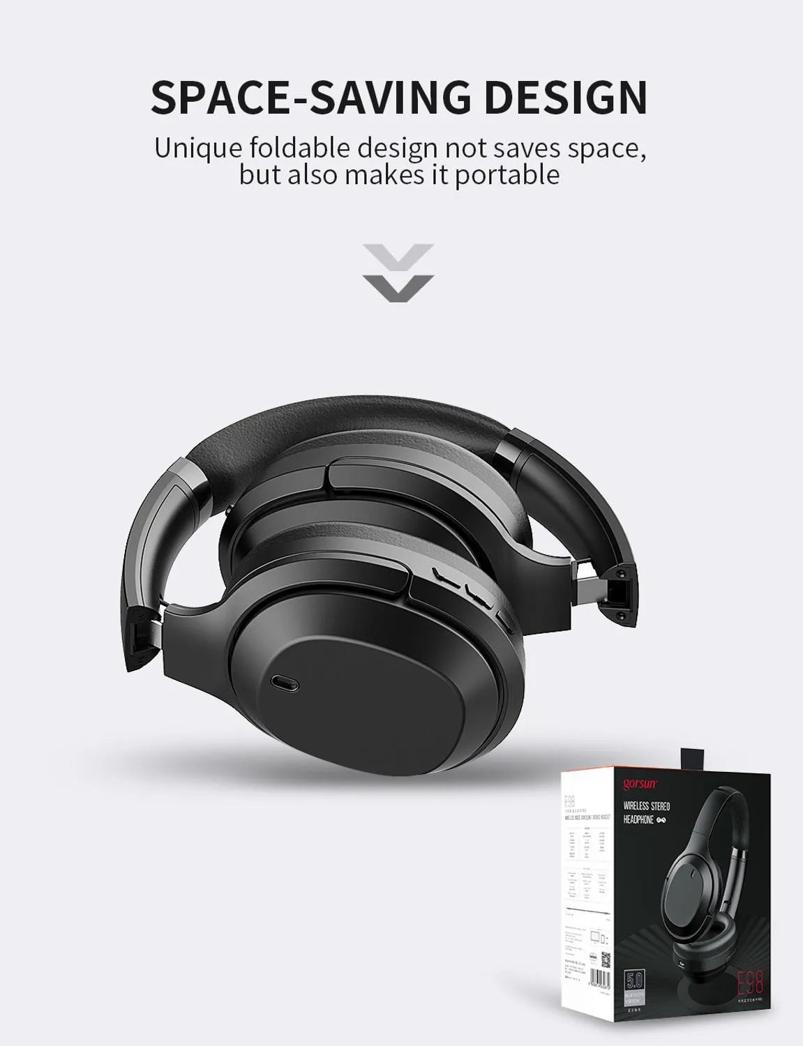 Black Gorsun E98 over-ear wireless Bluetooth headphones with memory-protein cushions and a stainless steel slider.
