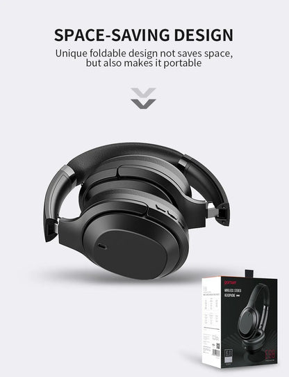 Black Gorsun E98 over-ear wireless Bluetooth headphones with memory-protein cushions and a stainless steel slider.