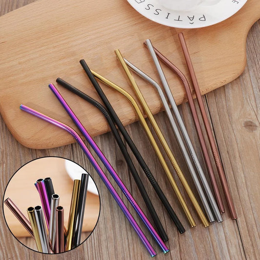 Colourful reusable stainless steel drinking straws with cleaning brush, perfect for eco-friendly sipping.