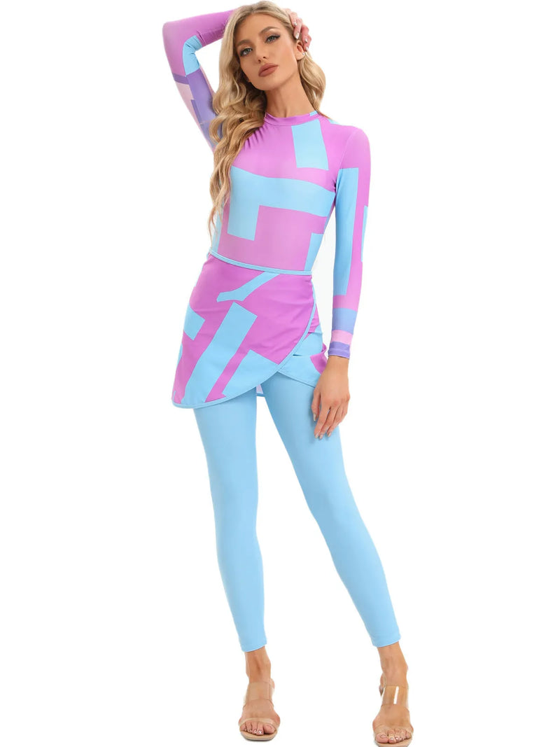 Muslim conservative beach swimsuit three-piece set with long-sleeve tunic and matching apron, made from polyester fabric, available in sapphire, letter, and foam colour options in sizes S, M, L, XL, XXL, and free size for swimming and wading scenarios