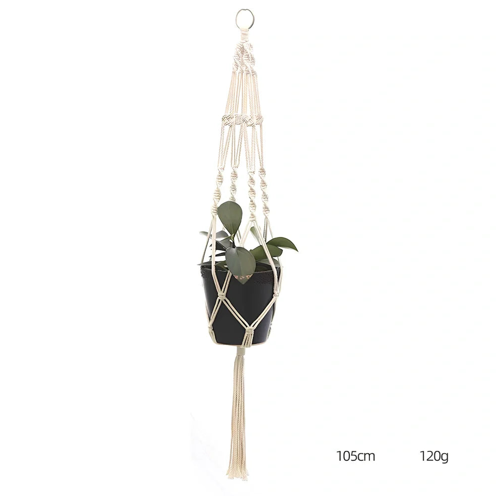 Hand-knitted cotton flowerpot net bag showing intricate pattern and hanging installation with plant