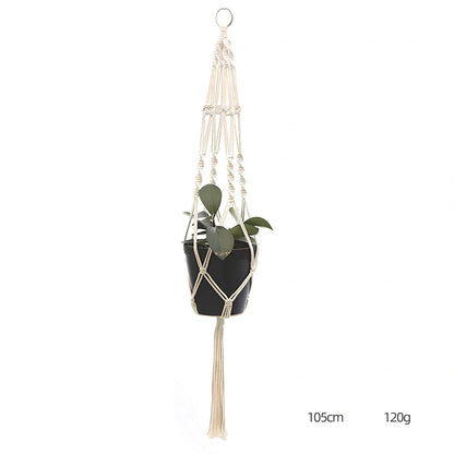 Hand-knitted cotton flowerpot net bag showing intricate pattern and hanging installation with plant