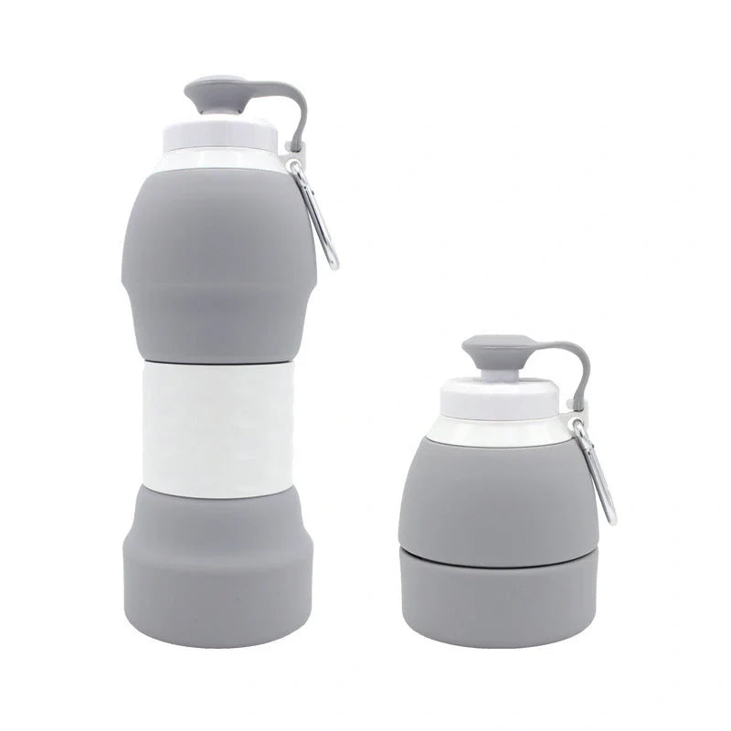 Collapsible silicone water bottle in various colours, perfect for travel and outdoor activities