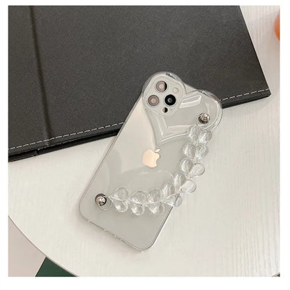 Transparent TPU iPhone case with love bracelet heart chain design on a mobile phone.