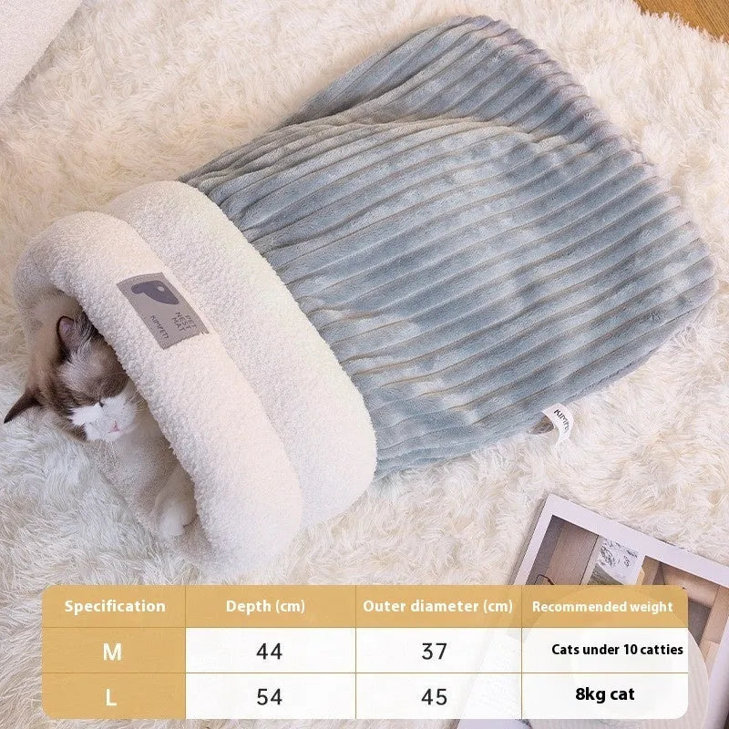 Semi-enclosed plush pet sleeping bag in brown, grey or white, sizes L and M