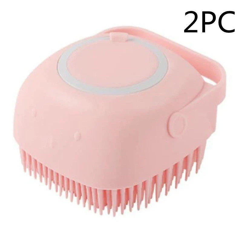 Silicone pet grooming gloves with shampoo dispenser for gentle bathing and massage