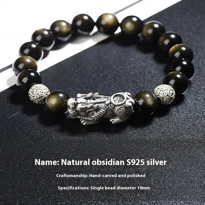Men's S999 sterling silver and obsidian bracelet with leather strap in geometric design.