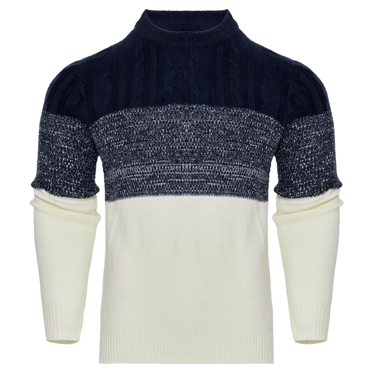 Men's knitted crew neck pullover sweater with long sleeves shown in multiple sizes