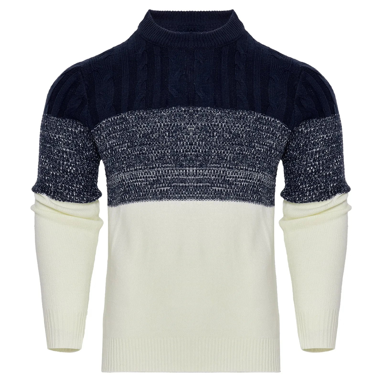 Men's knitted crew neck pullover sweater with long sleeves shown in multiple sizes