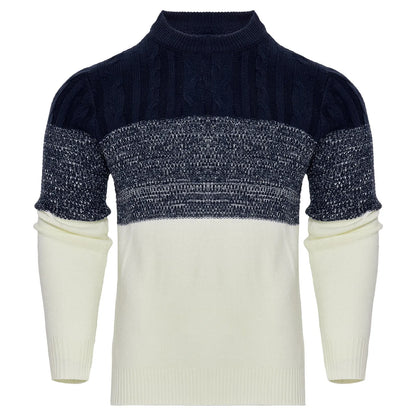 Men's knitted crew neck pullover sweater with long sleeves shown in multiple sizes