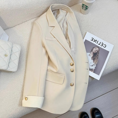 Women's Korean-style coat with 65cm length, loose fit, regular long sleeves and pockets in milky white