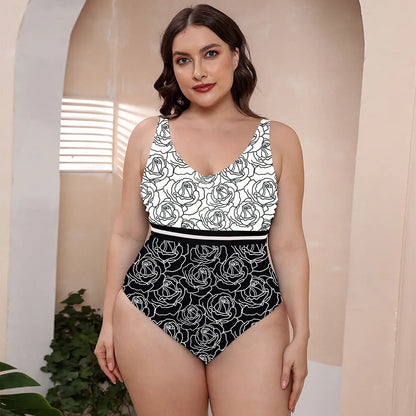 Blue and white printed women's one-piece swimsuit with spaghetti straps and a striped vest design.