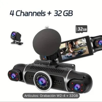 Dual-lens HD driving recorder with 3.5-inch LCD screen mounted on a car dashboard.