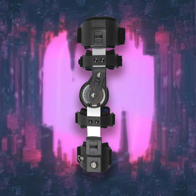 Cyberpunk-inspired elbow support brace with sleek black design, lightweight aluminium alloy construction, and soft shoulder pads for enhanced comfort and stability