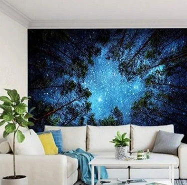 A beautiful forest-themed tapestry with a starry night sky design, perfect for enhancing home decor