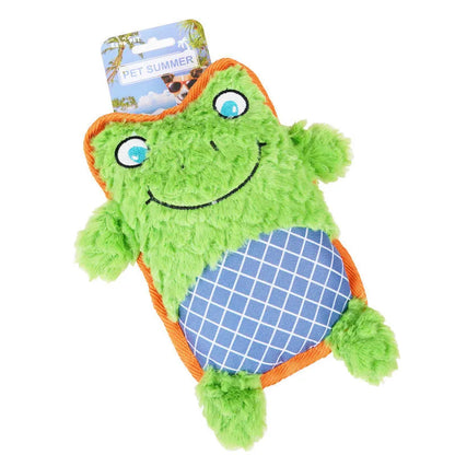 Blue, green, and pink stuffed plush dog toys with squeakers for bite-resistant chewing.