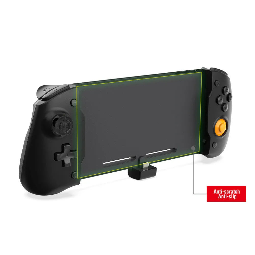 Black and white Nintendo Switch gamepad with console inserted, showing buttons, gyroscope, and Type-C charging port.