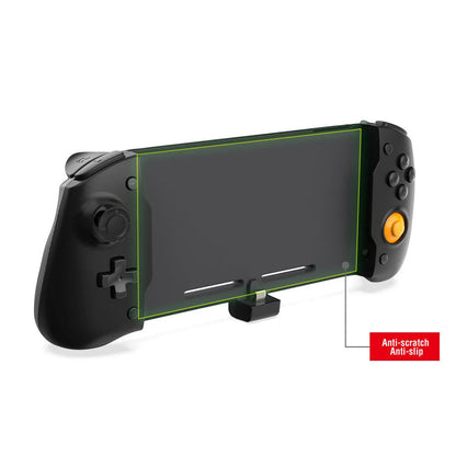 Black and white Nintendo Switch gamepad with console inserted, showing buttons, gyroscope, and Type-C charging port.