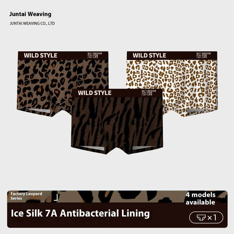 Ice Silk Underwear Pants for men, leopard print mid waist trunks, knitted polyester fibre fabric in four colour options: BYH1371, BYH1372, BYH1373, BYH1374, available in adult sizes L, XL, XXL, and XXXL.