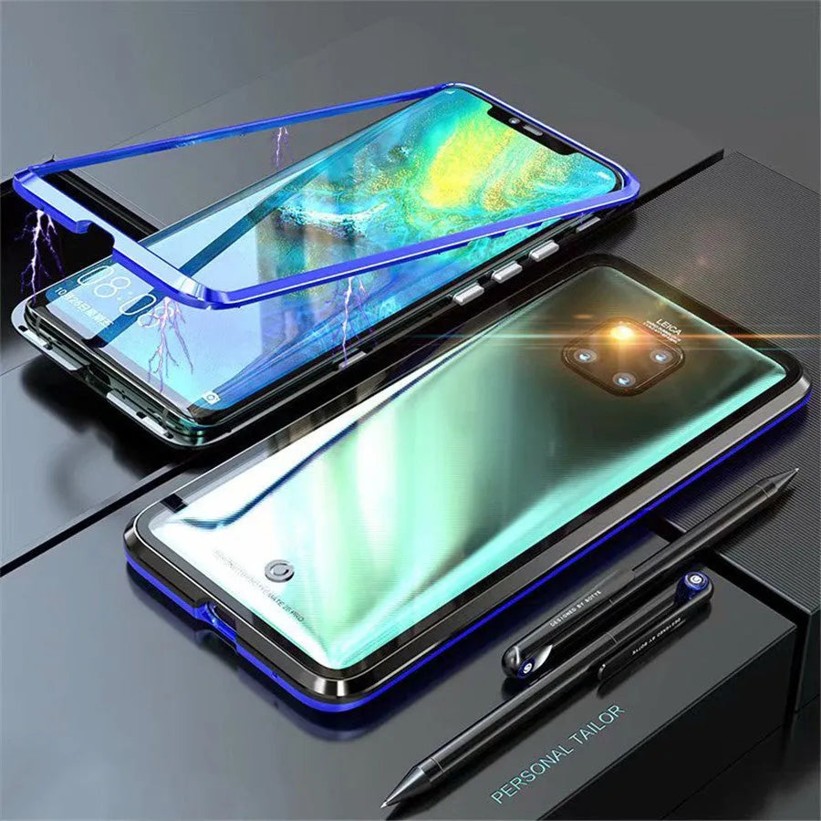 Magnetic phone case with metal frame and 9H tempered glass back in black, blue, red, or white for Honor and Huawei phones