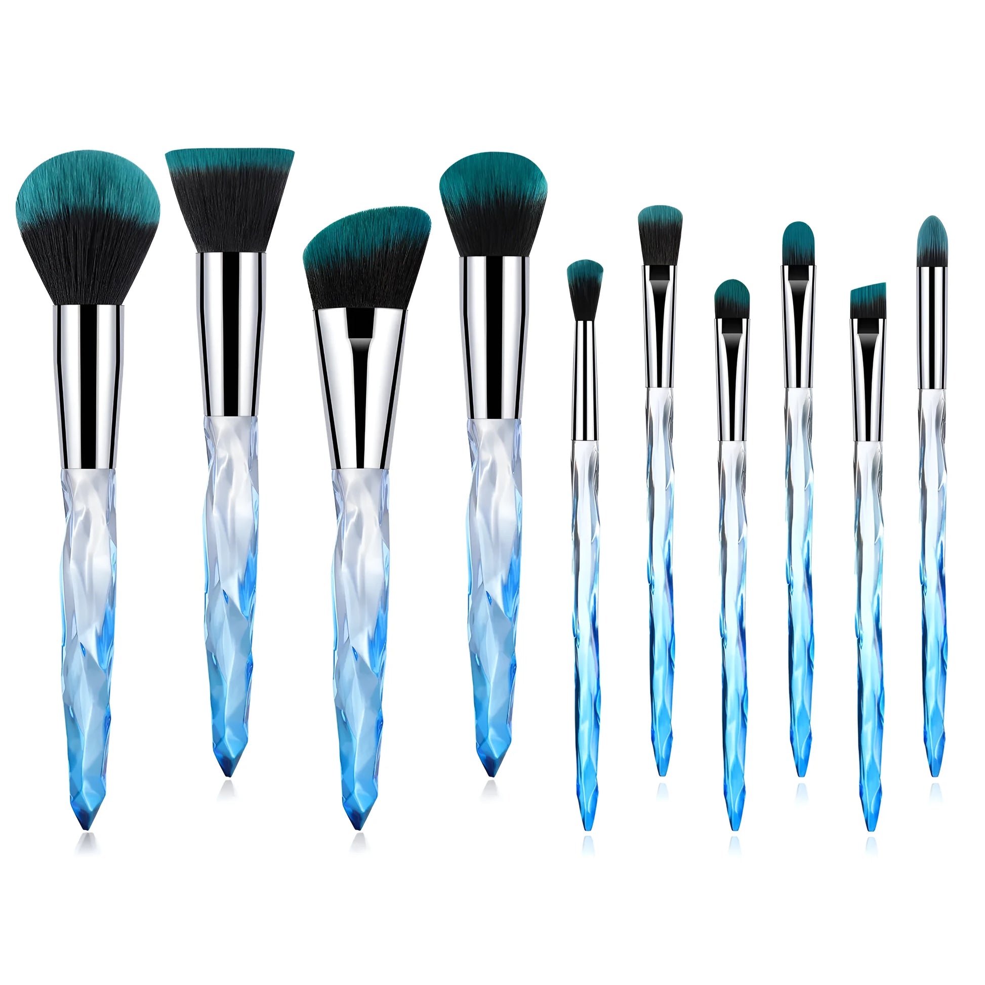 10 clear crystal foundation brushes with diamond shank handles and 4.5cm artificial fibre bristles arranged in set