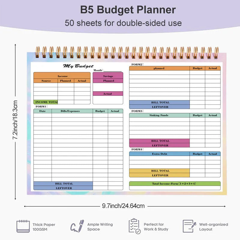 B5 size spiral bound tally book with a blue PP cover, open to show lined pages for financial tracking.