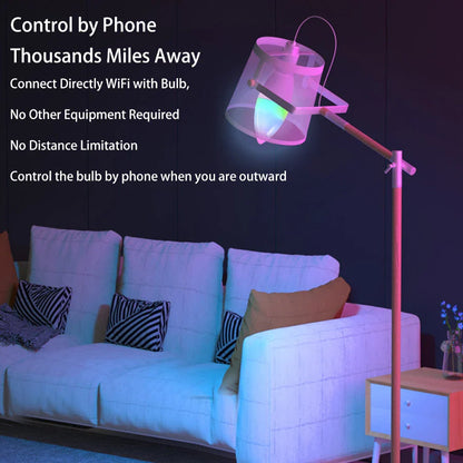 Dimmable RGB LED smart light bulb with voice control and 16 million colour options for home decor