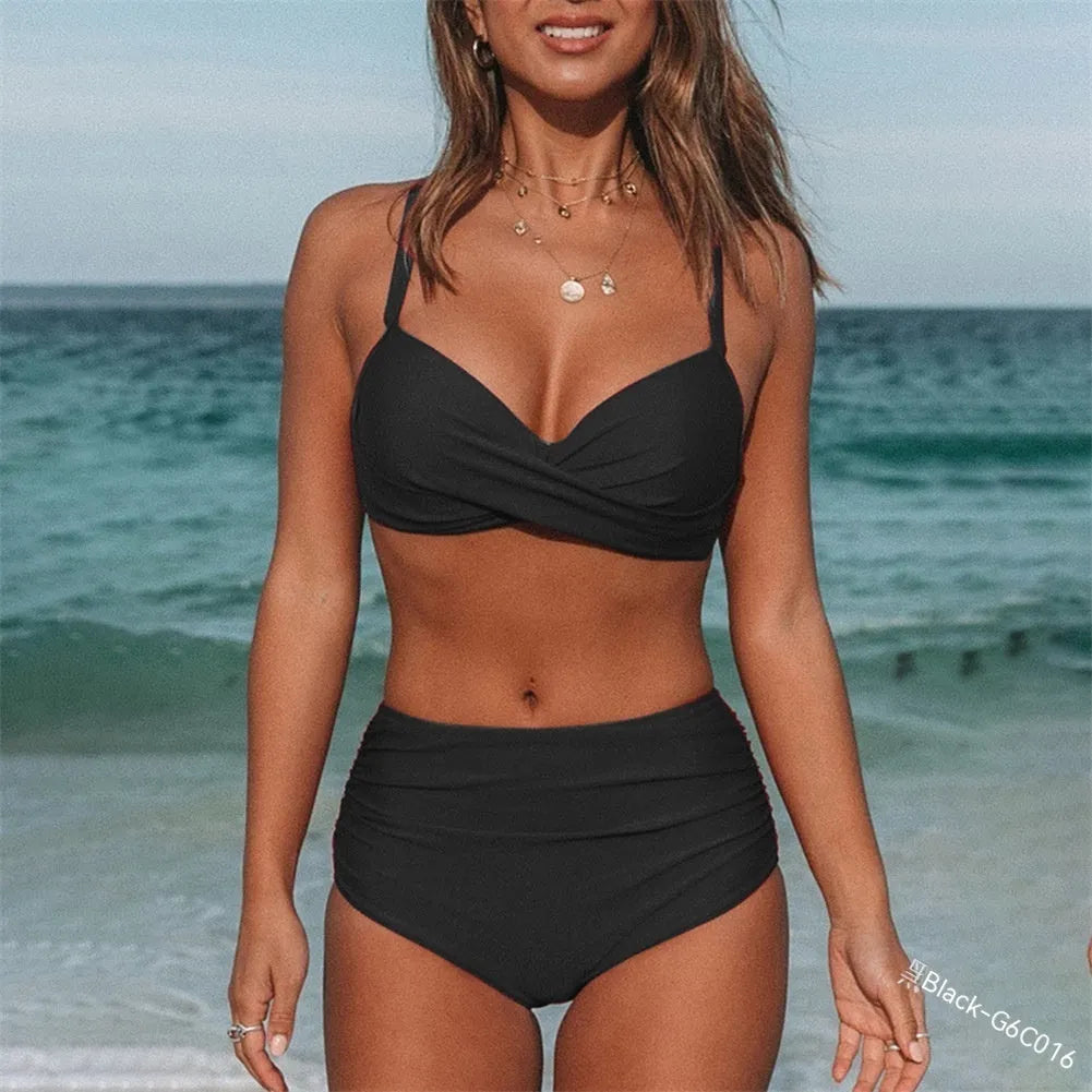 Women's solid colour bikini set with cross-strap back in nylon fabric with cotton lining