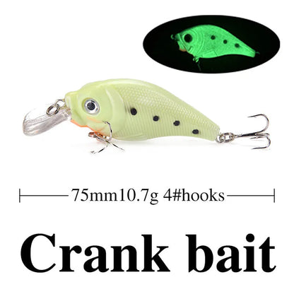 Set of five 3D fluorescent simulation luminous hard bait fishing lures with realistic fish appearance