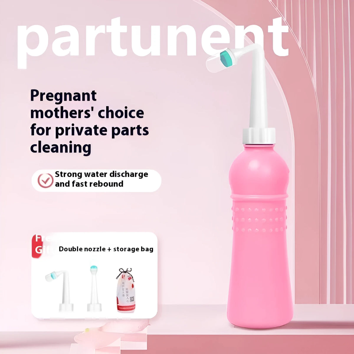 Pink female private parts cleaning device with dual nozzle head and storage bag