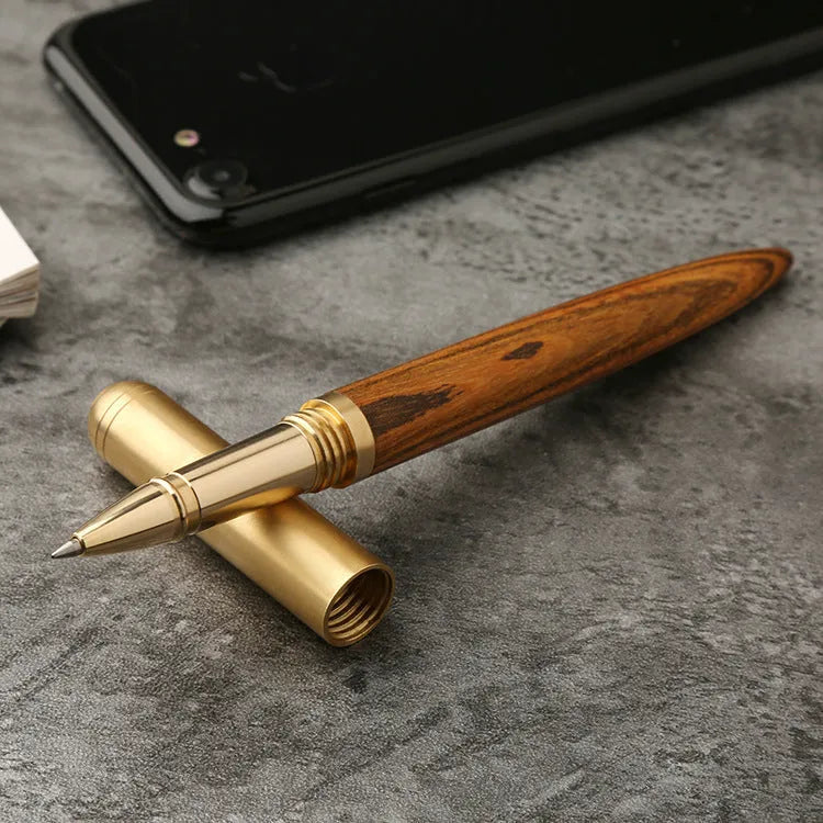 Brass and sandalwood signature pen with wood grain detail showing length and width dimensions