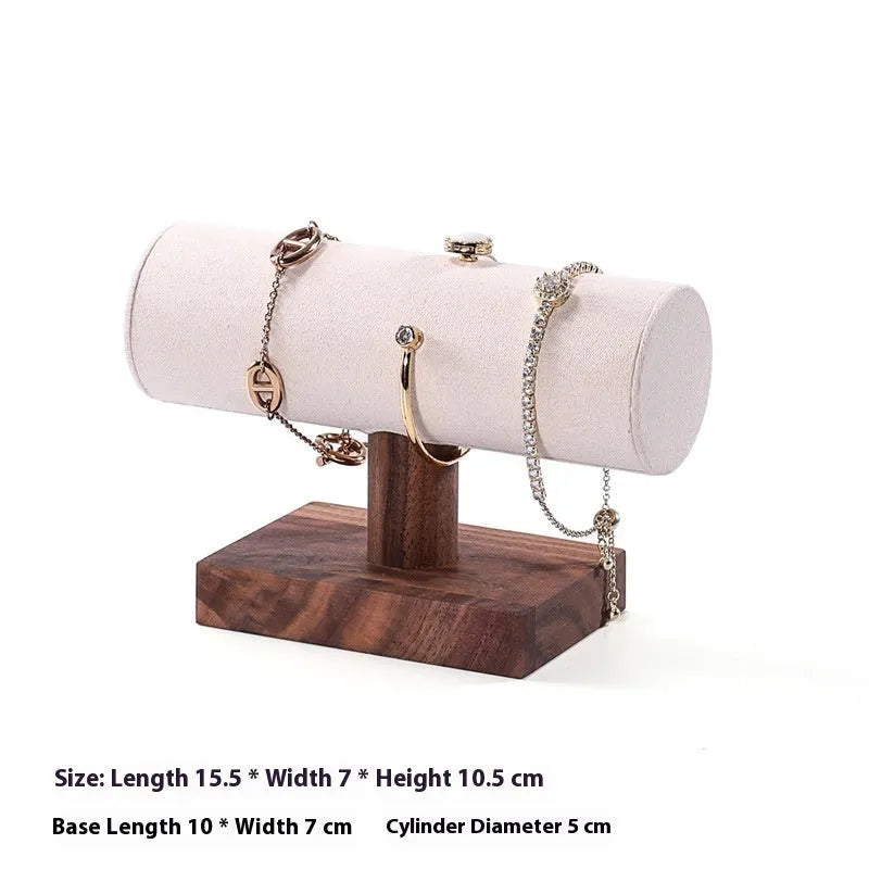 Walnut antique I-shaped wooden bracelet display stand with choice of velvet, leather or grey cylinder bases