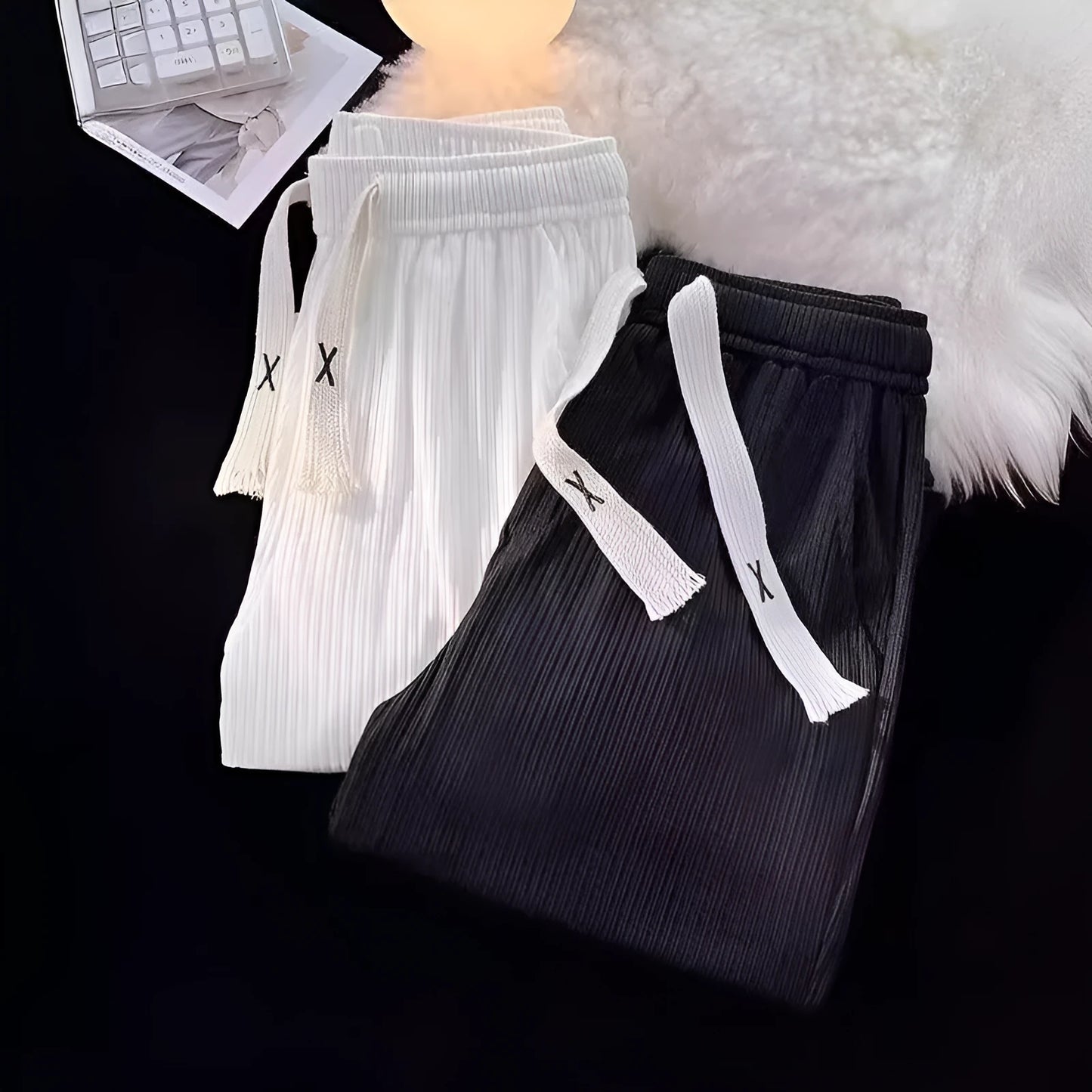 Men's cotton casual trousers with ice silk thread in loose straight cut, white or black colour options
