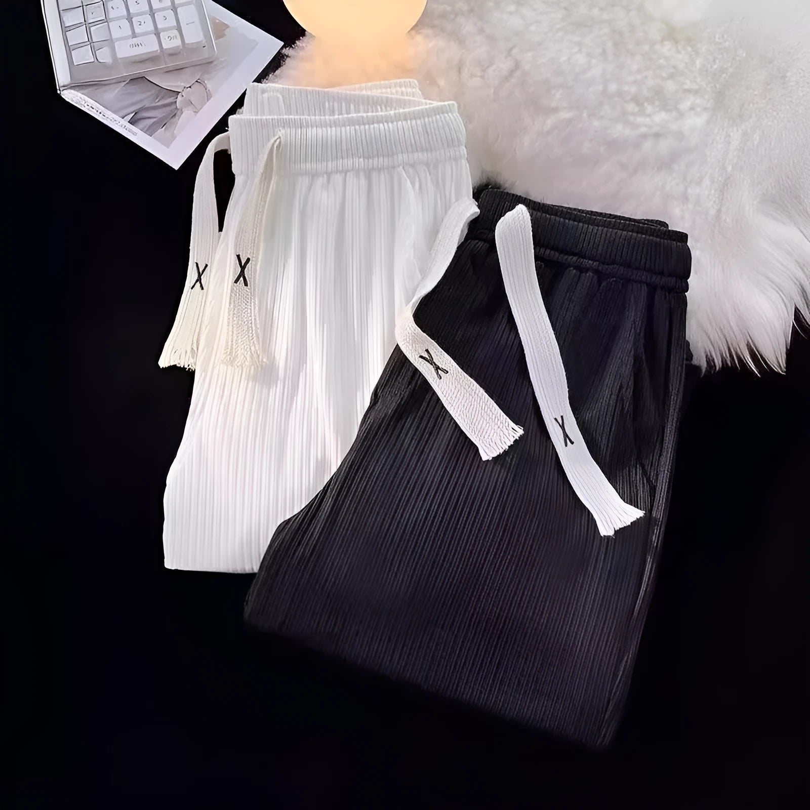 Men's cotton casual trousers with ice silk thread in loose straight cut, white or black colour options