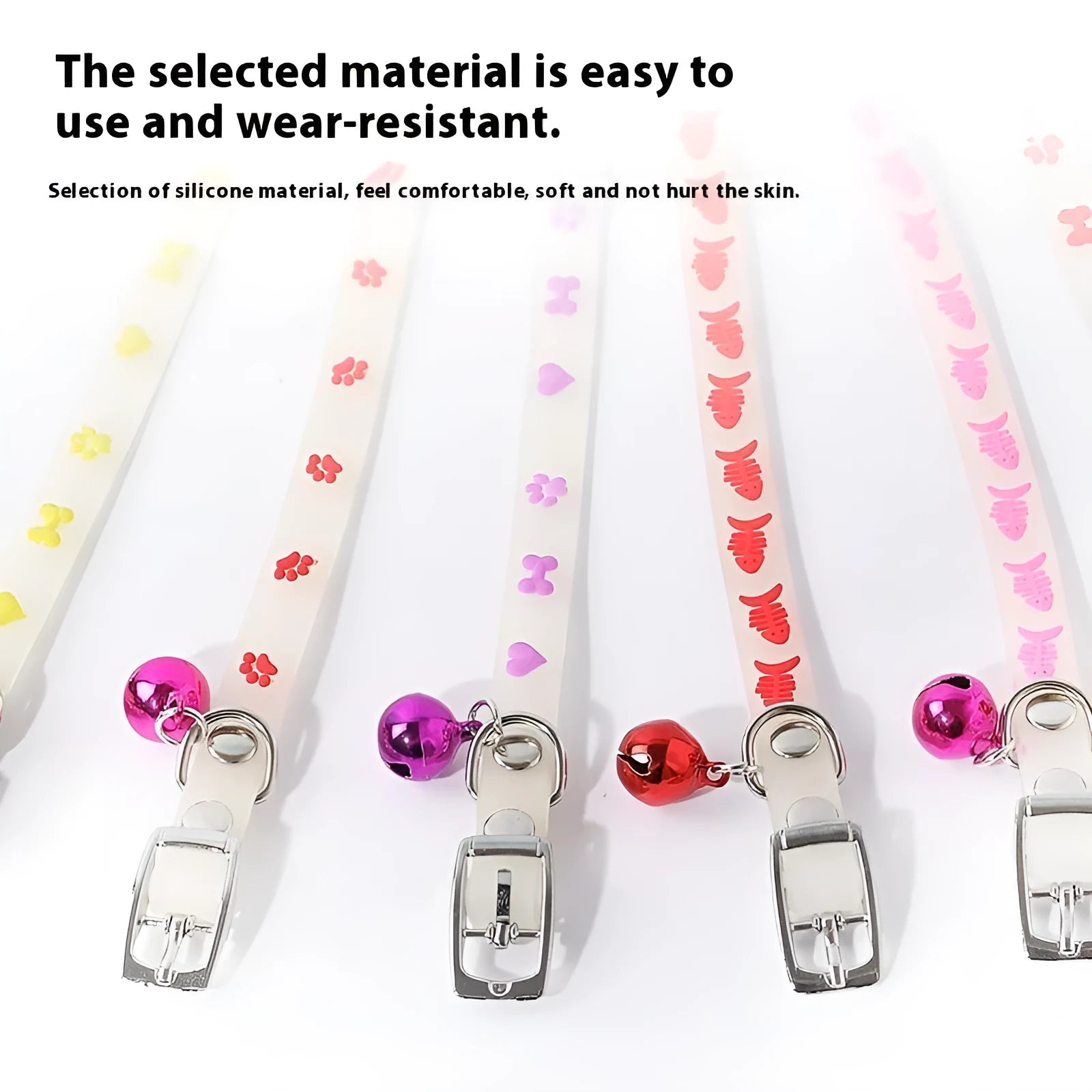 Glowing adjustable luminous collar for cats on a dark background, showing silicone chain and metal bell.