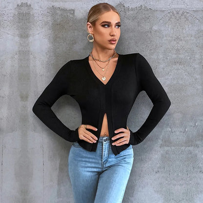 Women's black long sleeve slim fit cropped T-shirt with split neck and slit detail, polyester pullover, XS to XL