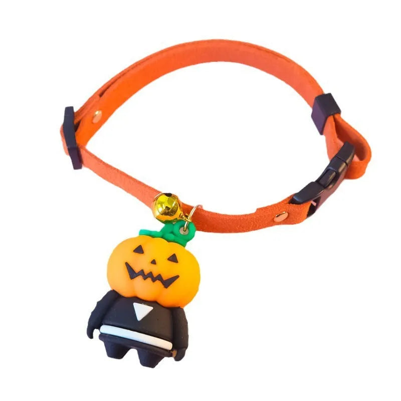 Halloween pet collar with luminous designs in Pumpkin Man, Luminous Brat, and Luminous Skull patterns, adjustable sizes 16-56cm