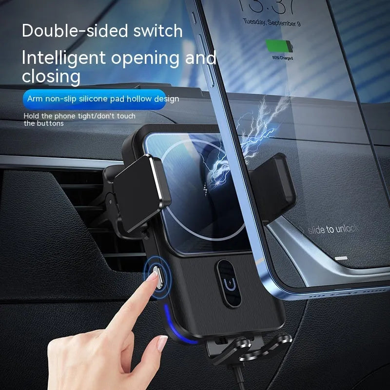 Car wireless charger mobile phone holder with 15W fast charging power, available in black with a choice of clip or suction cup mounting bracket for secure phone placement and charging while driving.