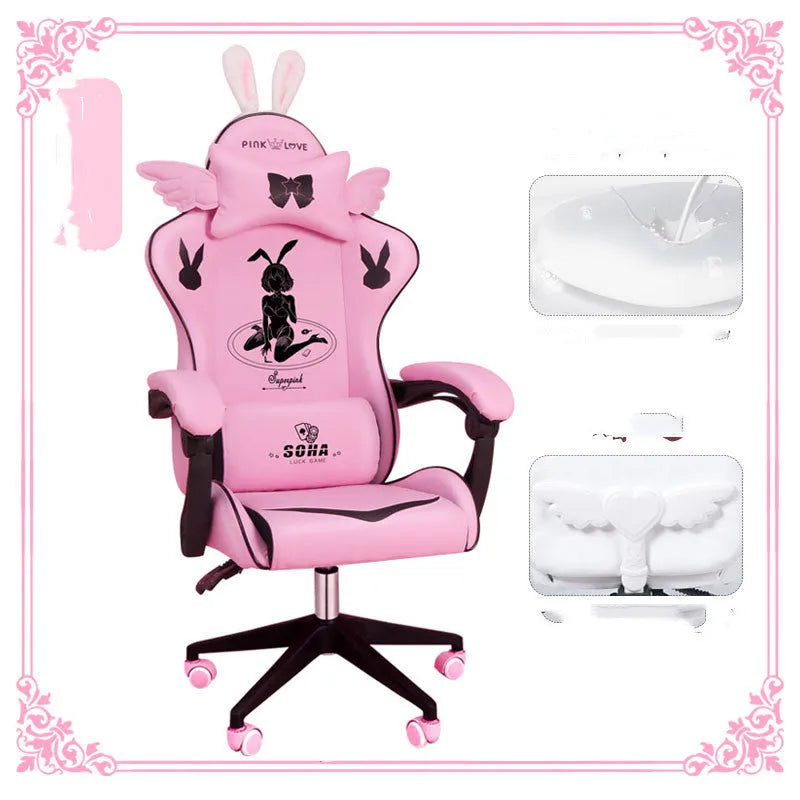 Goddess gaming chair in black or white artificial leather with fixed armrests and optional footrest