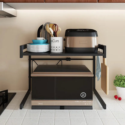 Retractable metal kitchen microwave rack with 2-layer shelf design for countertop organisation