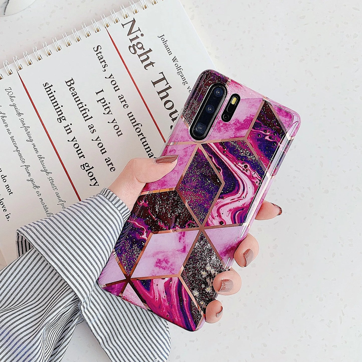 Electroplated marble mobile phone case for Huawei and Samsung smartphones with TPU construction and scratch-resistant finish