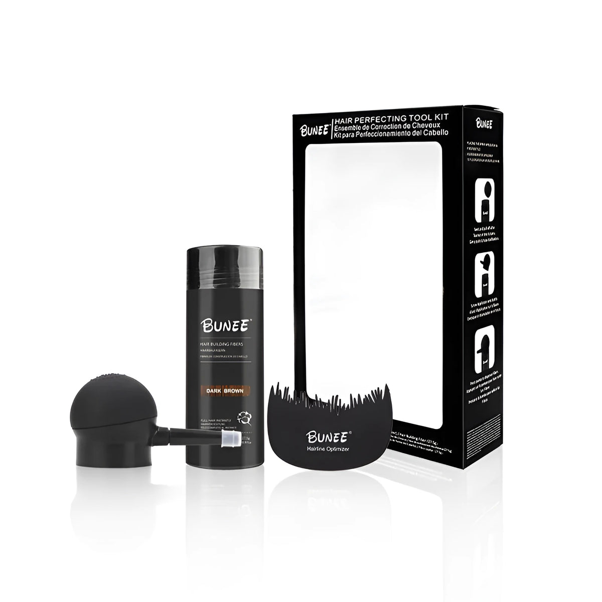 Boxed three-piece set of dense hair building fibre powder in nine colour options