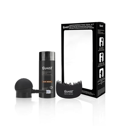 Boxed three-piece set of dense hair building fibre powder in nine colour options