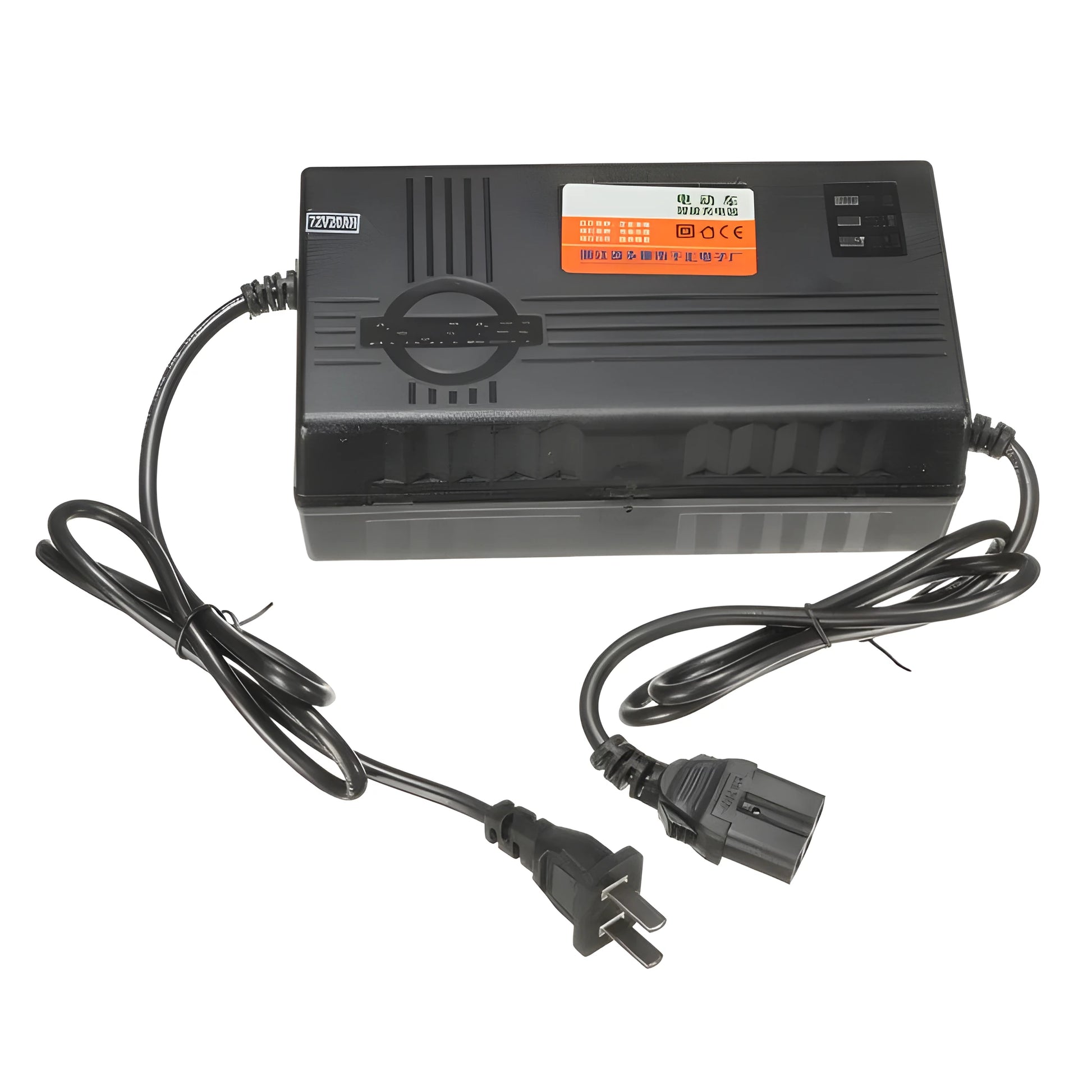 Black 72V20AH electric vehicle charger with compact dimensions and regional plug options