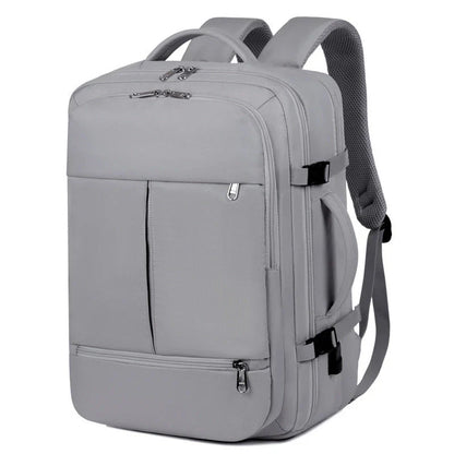 A stylish and high-capacity backpack with multiple pockets and zippers, designed for business and travel use.