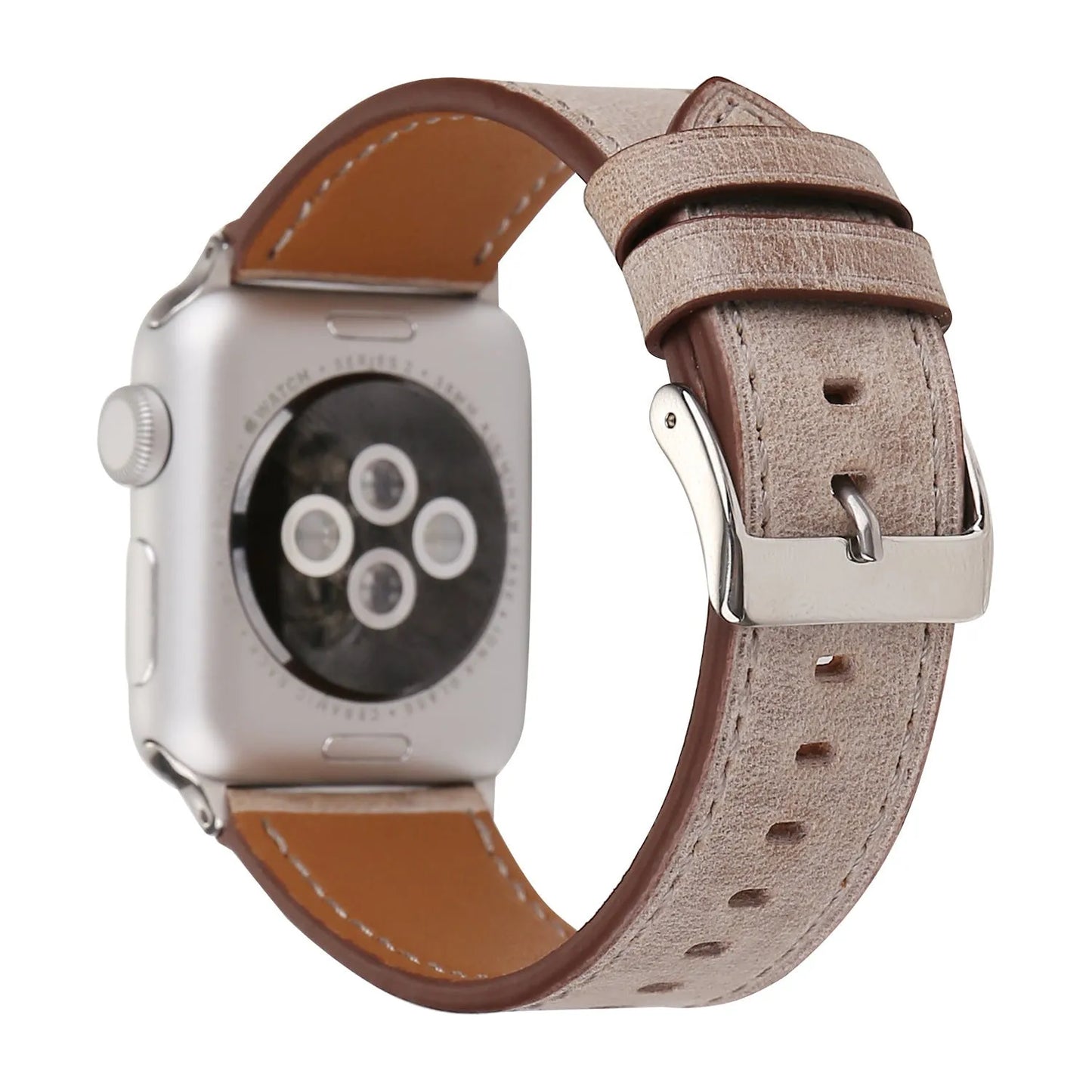 Leather watch strap with a folding buckle in blue, shown next to brown, green, orange, pink, and yellow colour options.
