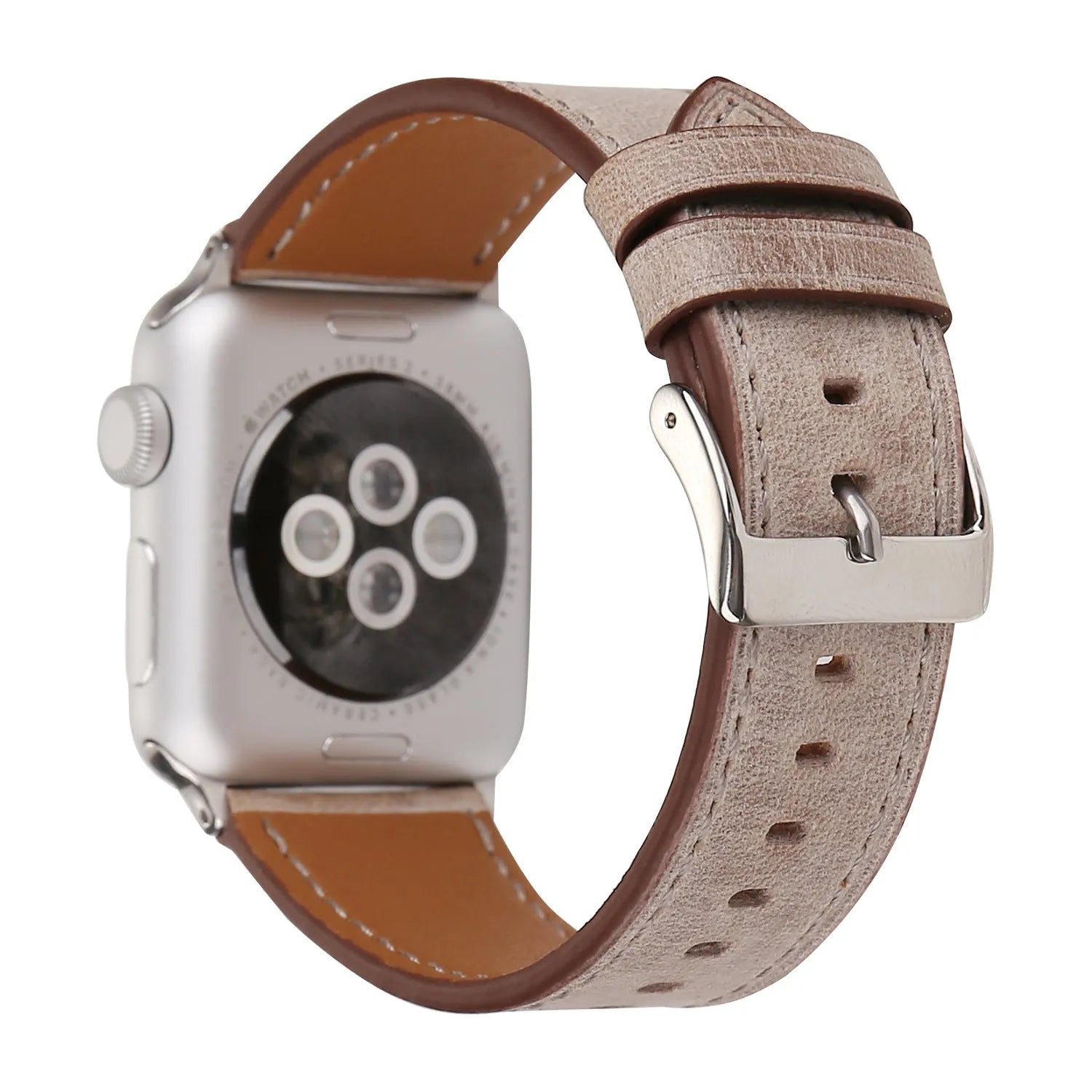 Leather watch strap with a folding buckle in blue, shown next to brown, green, orange, pink, and yellow colour options.